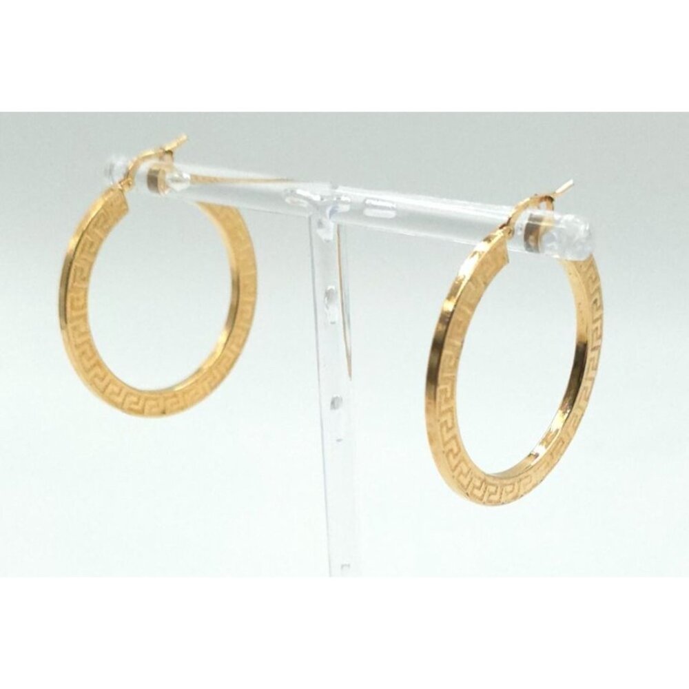 18K Gold-Plated Hoop Earrings With Greek Key Design Lightweight Elegant - Picture 3 of 5